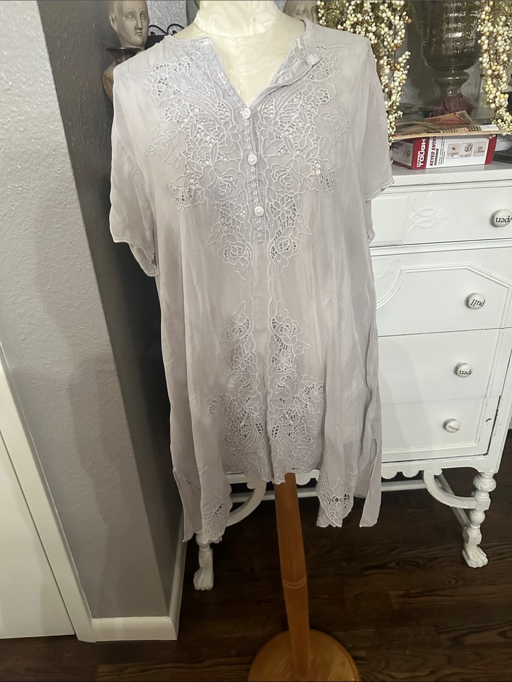 Johnny Was Light Gray Embroidered Button Front Tunic